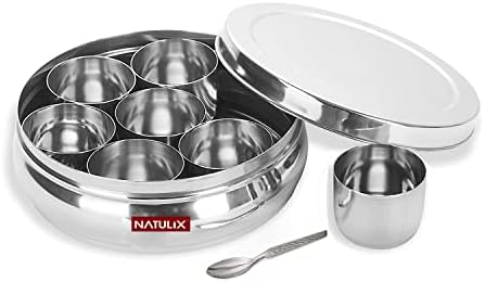 NATULIX ® Кутия за подправки във формата на корема от неръждаема стомана | Масала Дабба | Масала Box за кухня с 7 Контейнери във формата
