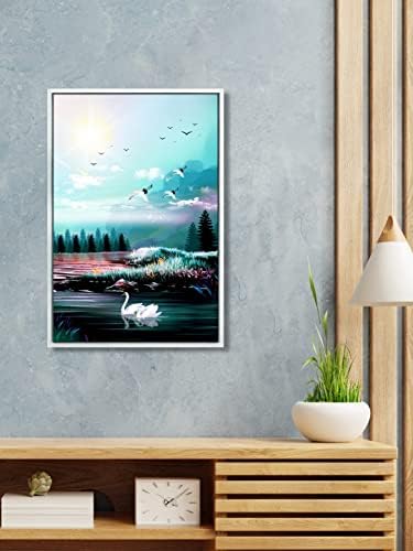 999Store плаващ рамка природата птици облак слънцето трева и дърво вертикална картина за стена (Canvas_White Frame_16X24
