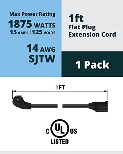 Удължителен кабел за захранване Lightkiwi с плоска вилица с дължина 1 метър, 1 опаковка, Кратък удължител 14AWG SJTW, нисък
