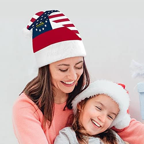 Флаг на САЩ и щата Джорджия (1) Коледна Шапка, Шапки на Дядо Коледа, Къси Плюшени Шапки с Бели Ръкавели за Мъже и Жени, Коледни Празнични