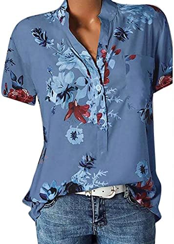 ADHOWBEW Дамски Ежедневни Плажни Цветни Блузи С Къс Ръкав V Образно деколте и копчета