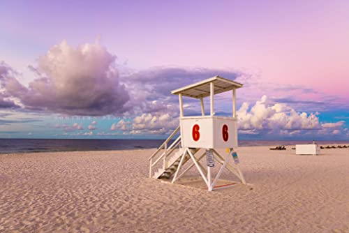 Крайбрежната снимка на Печат (без рамка) Изображение на стола спасител на изгрев слънце на плажа в Ориндж Бийч, Алабама, на Брега на Мексиканския