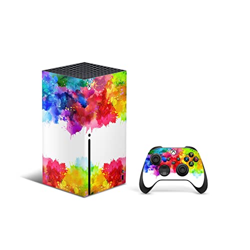 ZOOMHITSKINS, съвместими за Xbox Series X Skin, Корица за Xbox Series X, диско-пръски боя неонови цветове в Розово-жълт цвят, здрави и