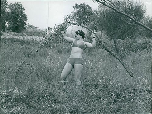 Реколта снимка Мариел Гойтшель, държаща клонка на дървото.